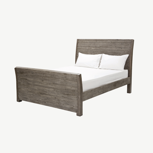 Reclaimed timber bedframe in light grey teak finish