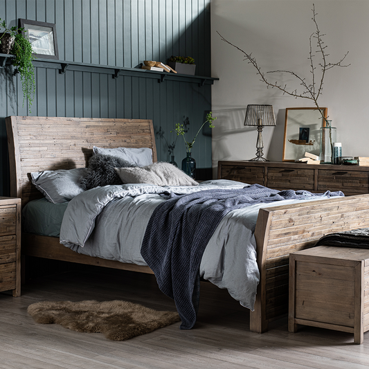 Reclaimed timber bedframe in light grey teak finish