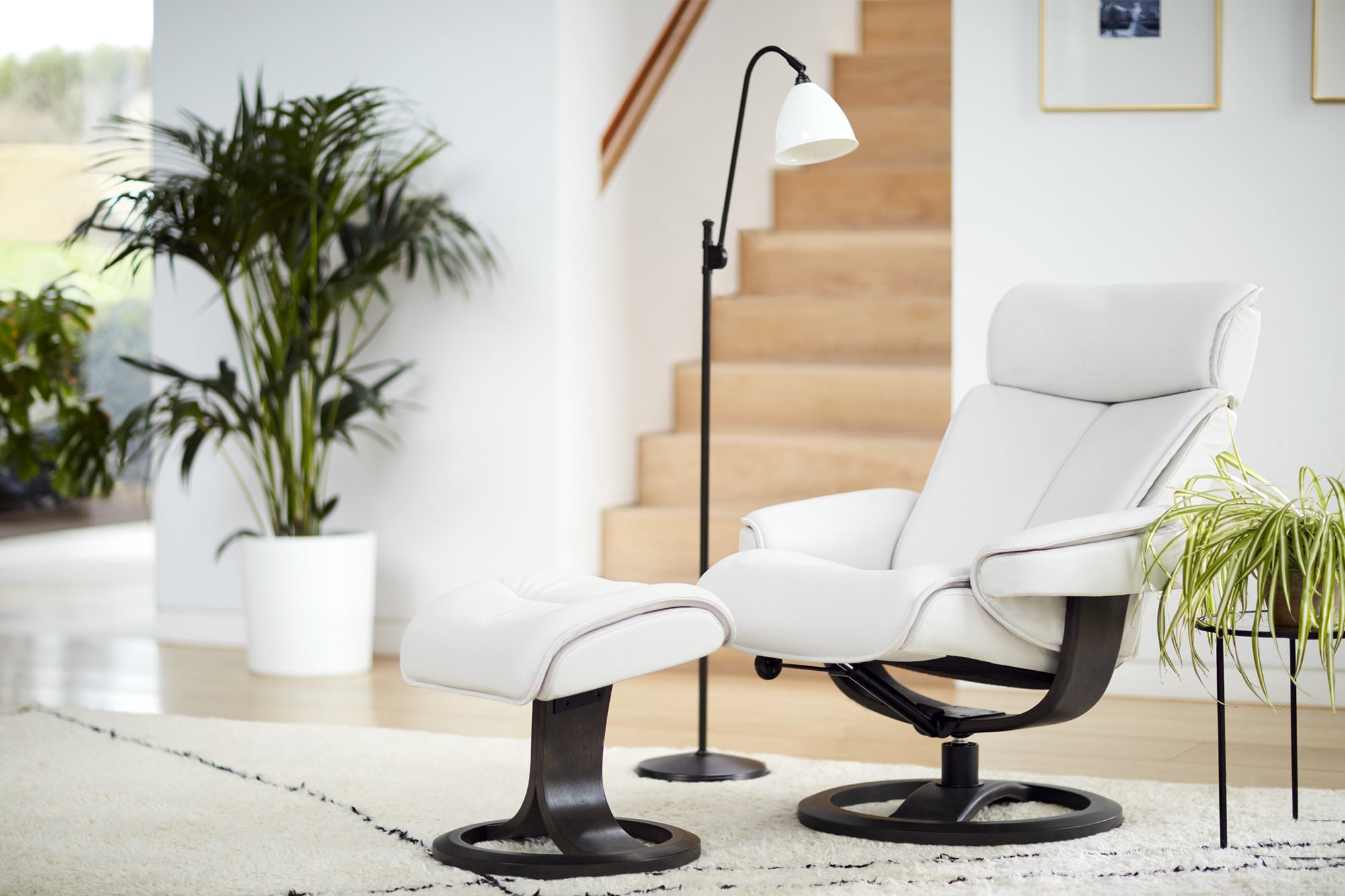 Bergen Armchair and Stool in Cambridge-Chalk-Leather