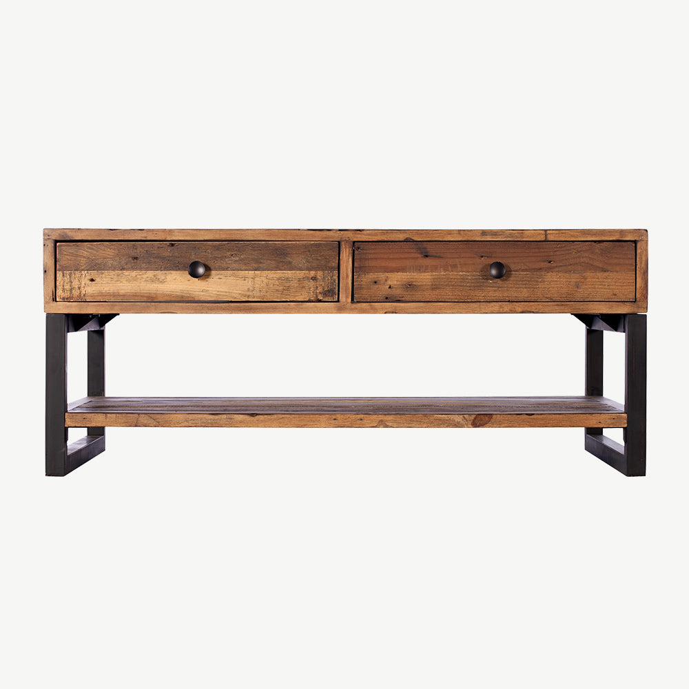 Rustic reclaimed timber coffee table with black powder coated metal legs