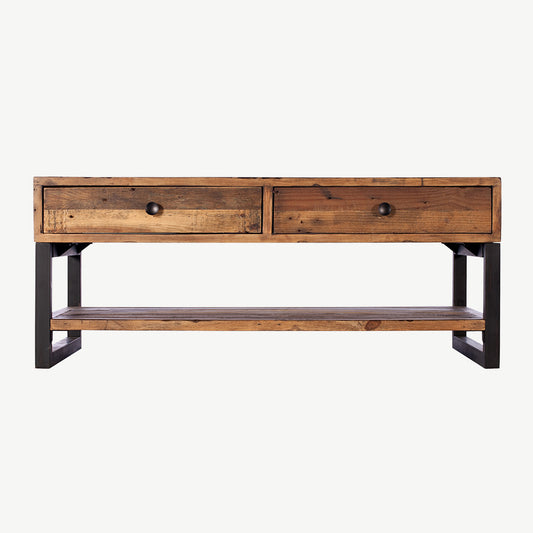 Rustic reclaimed timber coffee table with black powder coated metal legs