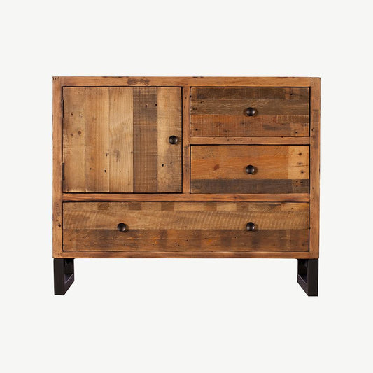 Reclaimed timber narrow sideboard with black powder coated metal U shaped feet