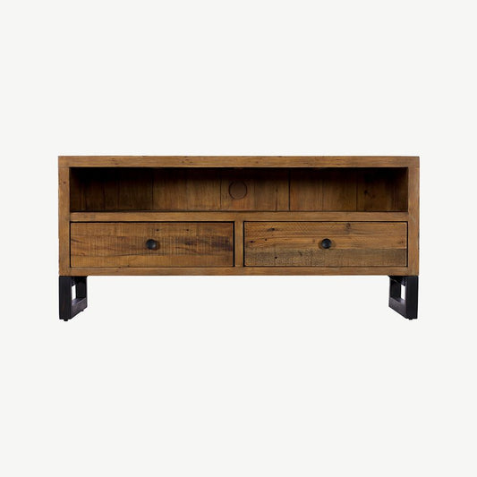 Reclaimed timber small TV unit in natural finish with U shaped black legs