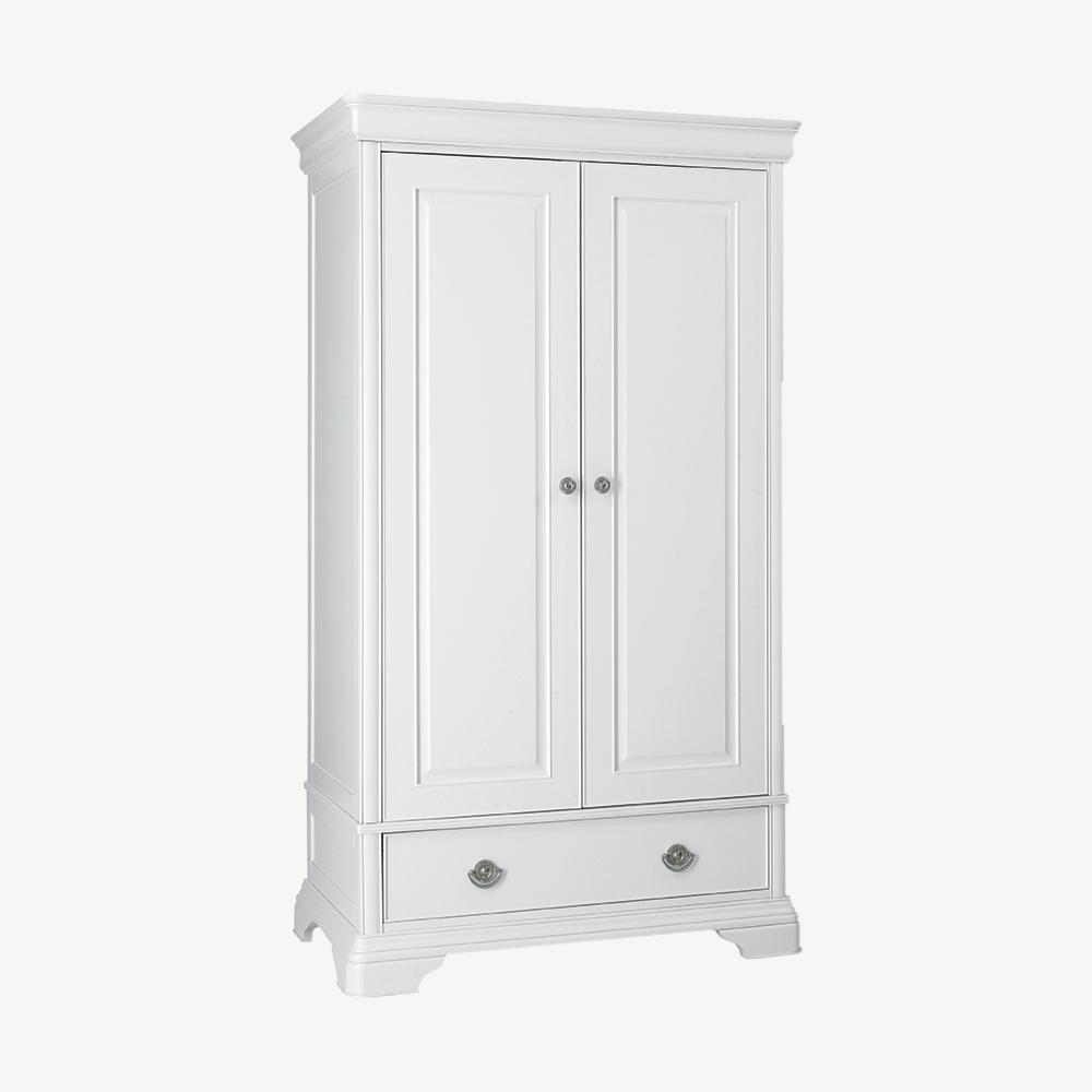Wooden double wardrobe in painted white finish with silver handles and bottom drawer
