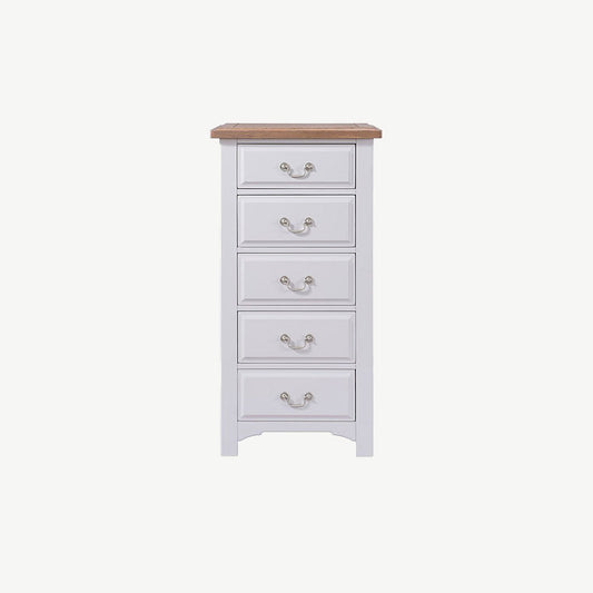 Solid oak 5 drawer chest in painted white finish with oak veneer top