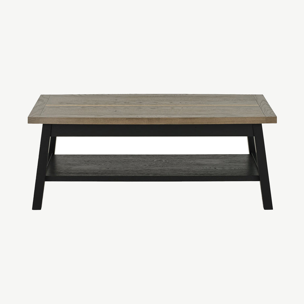 Oak veneer coffee table with black peppercorn solid ash legs