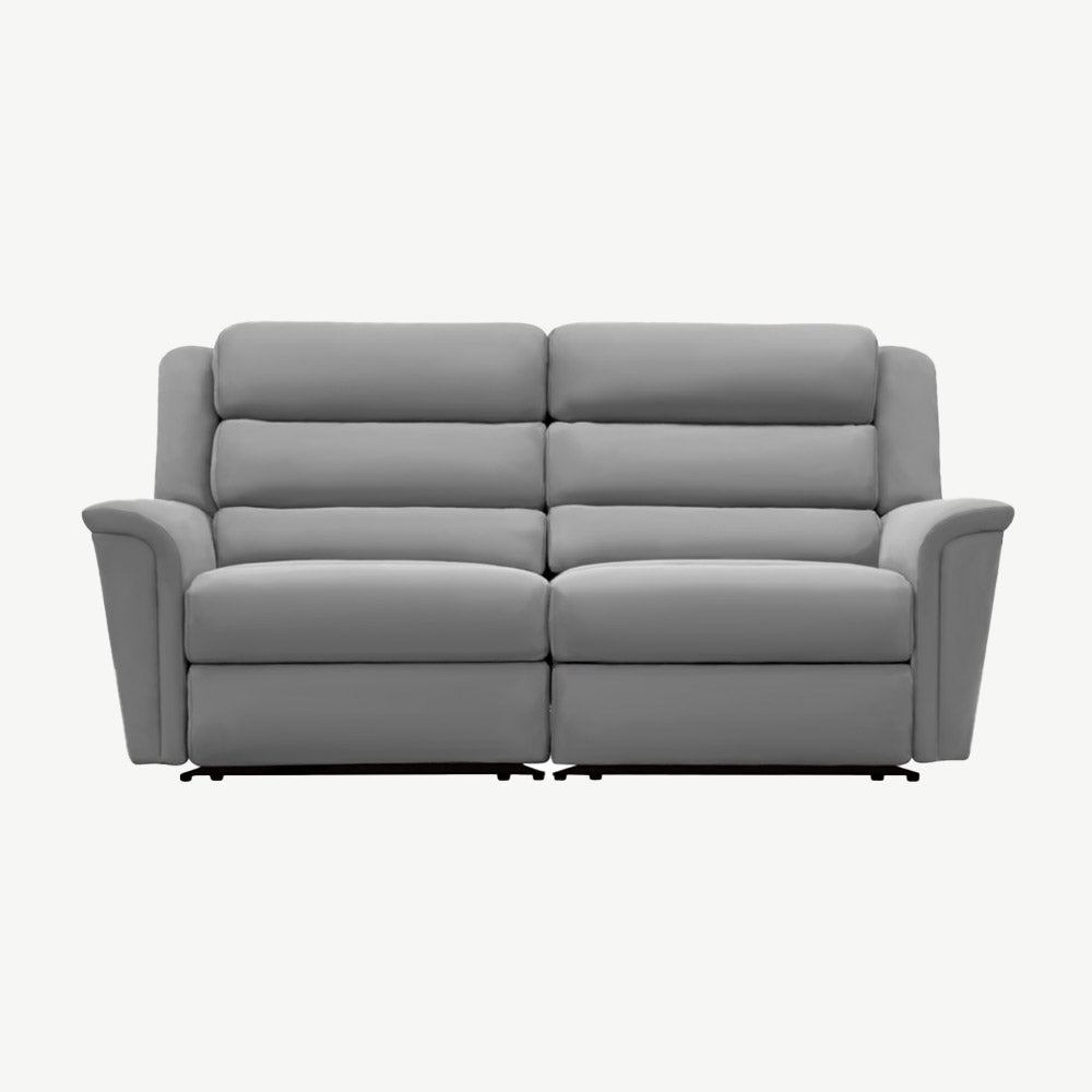 Light grey leather 2 seater sofa with thee tiered back