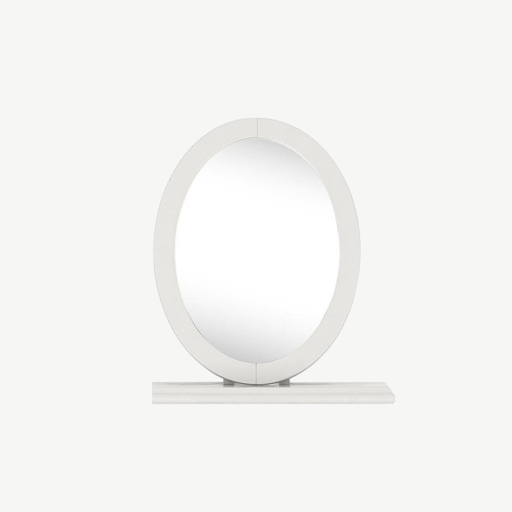 Oval shaped wooden vanity mirror finished in soft grey
