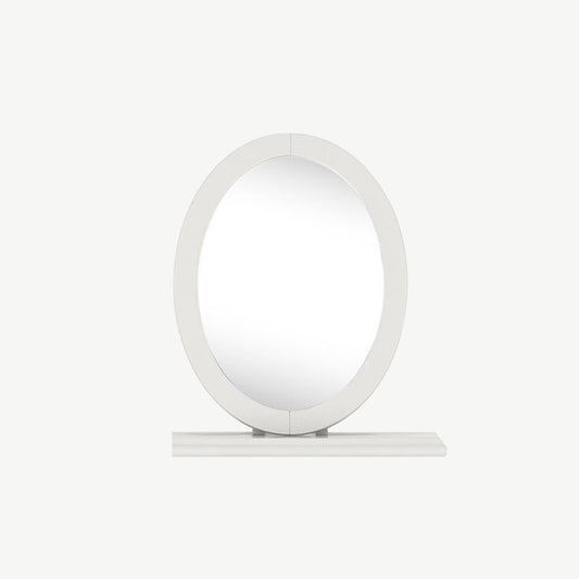 Oval shaped wooden vanity mirror finished in soft grey
