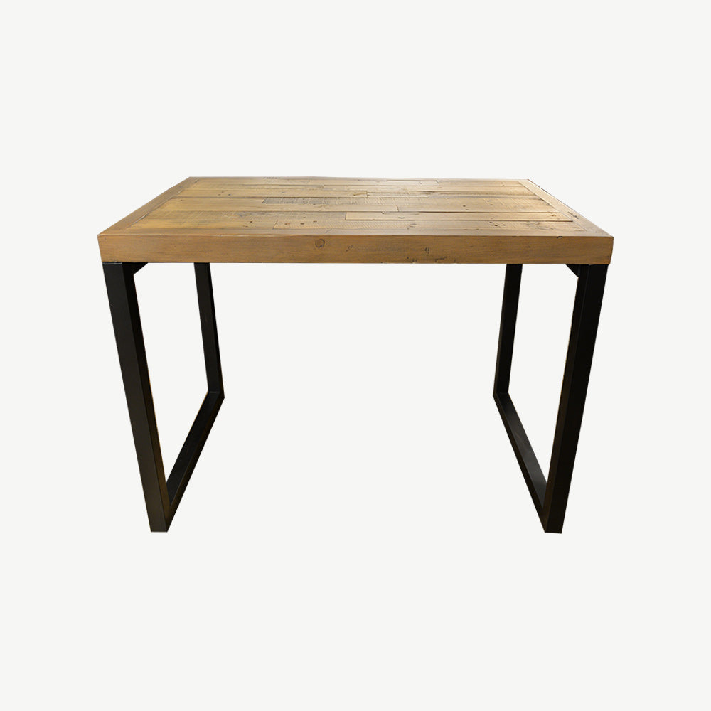 Reclaimed timber rectangular bar table in natural finish with black powder coated metal legs