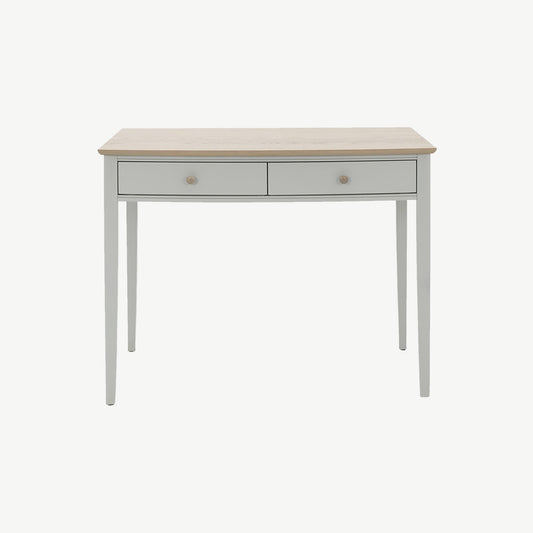 Pale oak dressing table in light grey finish, natural oak top and turned handles