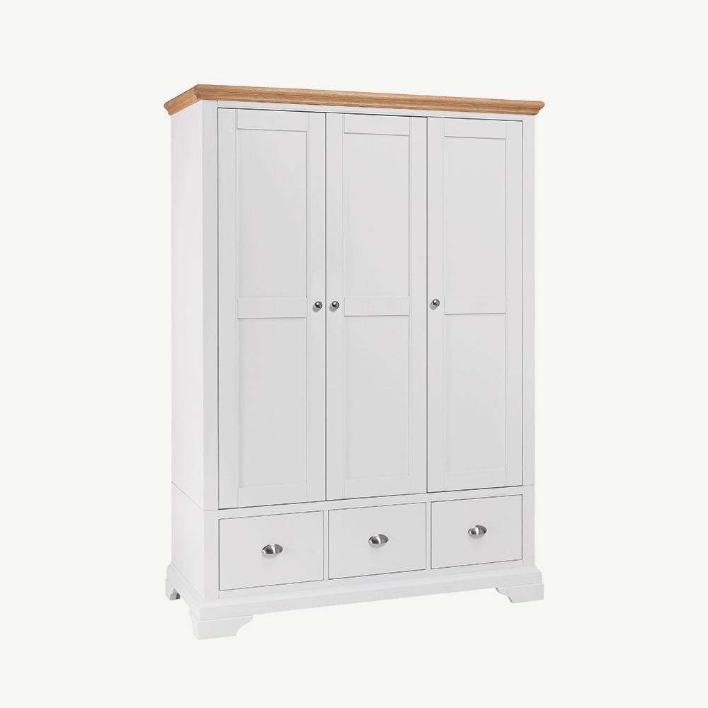 Two tone triple wardrobe painted white with natural oak top
