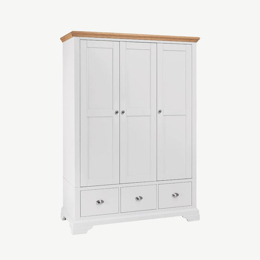 Two tone triple wardrobe painted white with natural oak top
