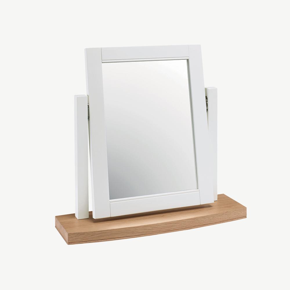 Two tone vanity mirror painted white with natural oak base