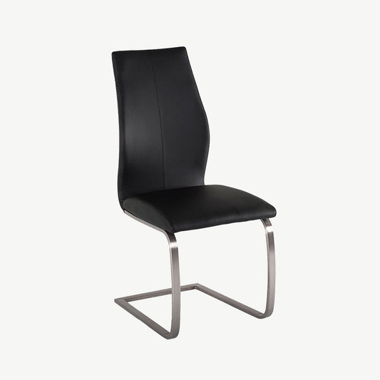 Sleek black faux leather dining chair with silver brushed steel legs