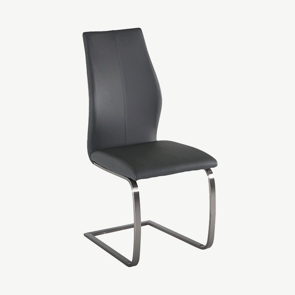 Sleek grey faux leather dining chair with silver brushed steel legs