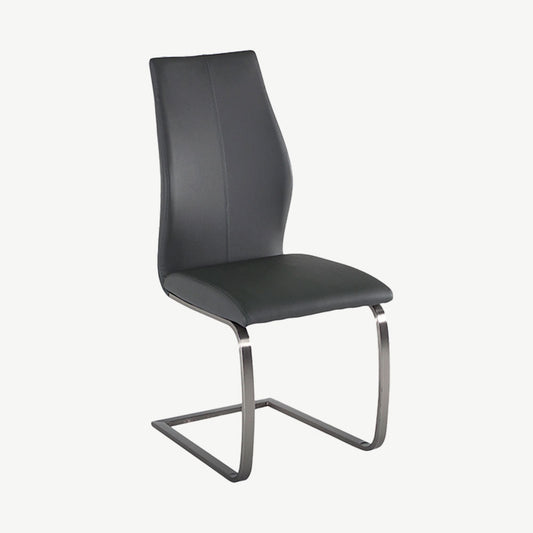 Sleek grey faux leather dining chair with silver brushed steel legs