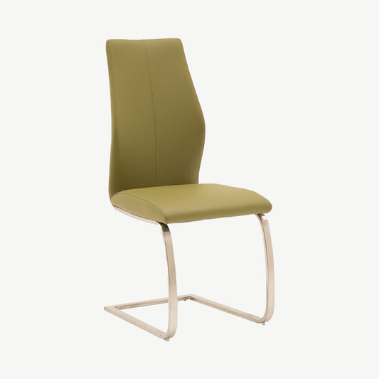 Sleek olive faux leather dining chair with silver brushed steel legs