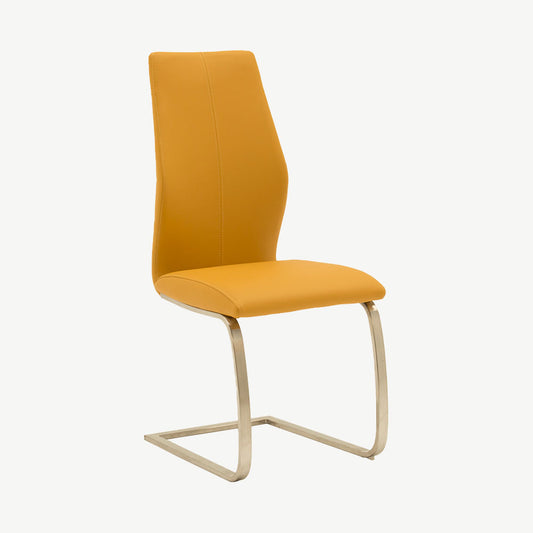 Sleek pumpkin faux leather dining chair with silver brushed steel legs