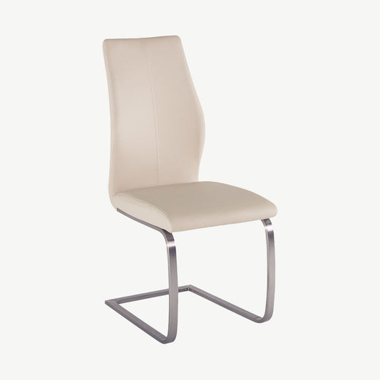 Sleek taupe faux leather dining chair with silver brushed steel legs