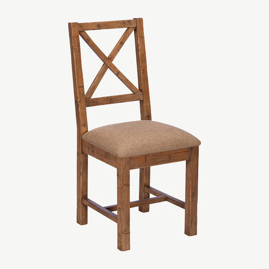 Reclaimed timber dining chair in natural finish with upholstered fabric seat