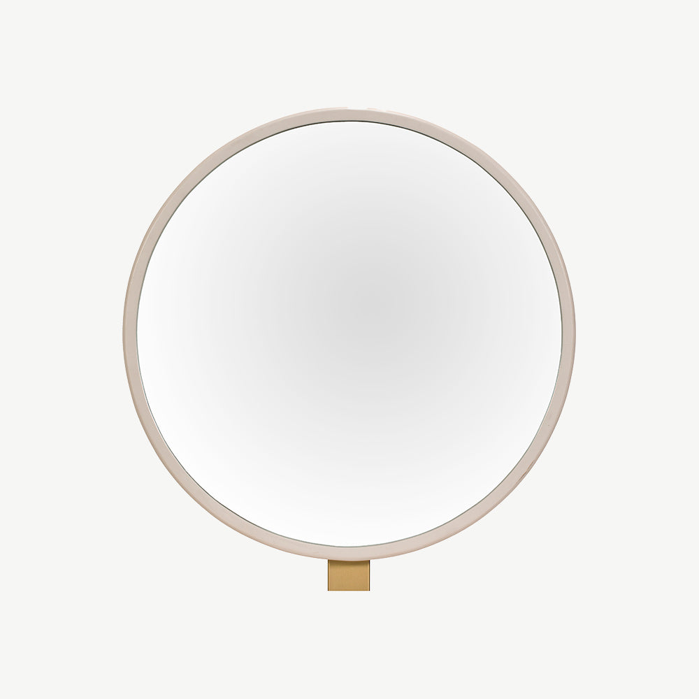 Mahogany round mirror in netural ivory finish and bottom gold accent