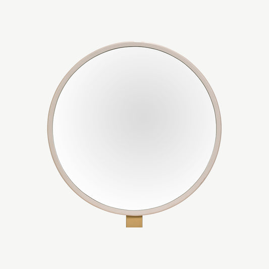 Mahogany round mirror in netural ivory finish and bottom gold accent