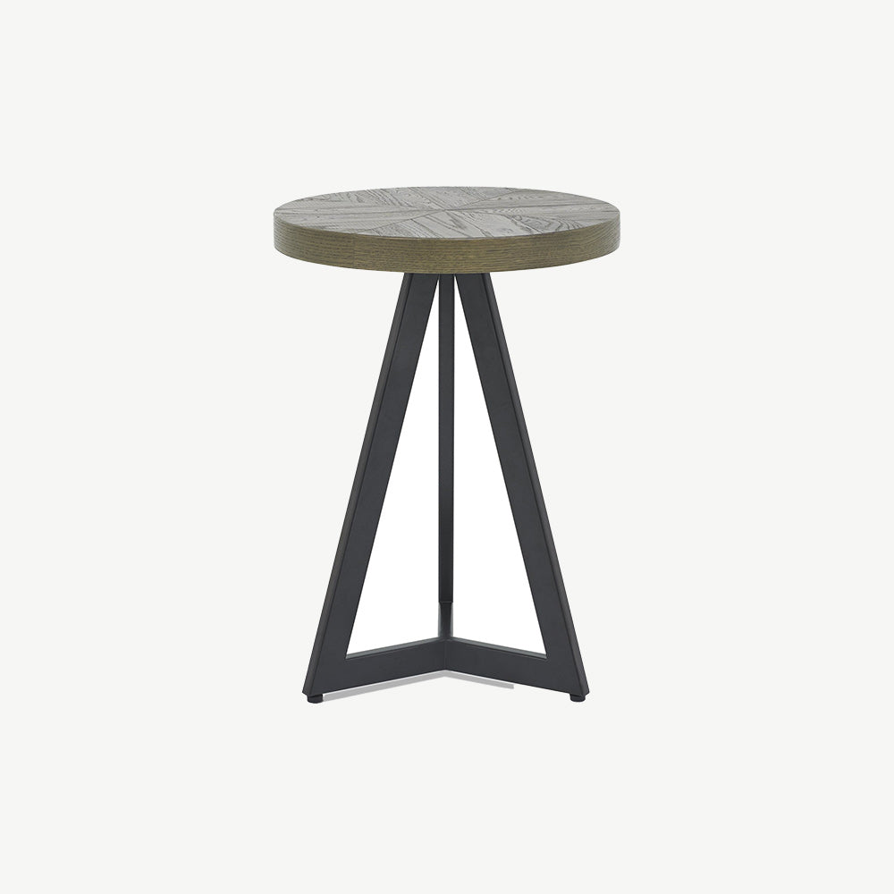 Solid oak lamp table with fumed oak marquetry tops & black powder coated metal base