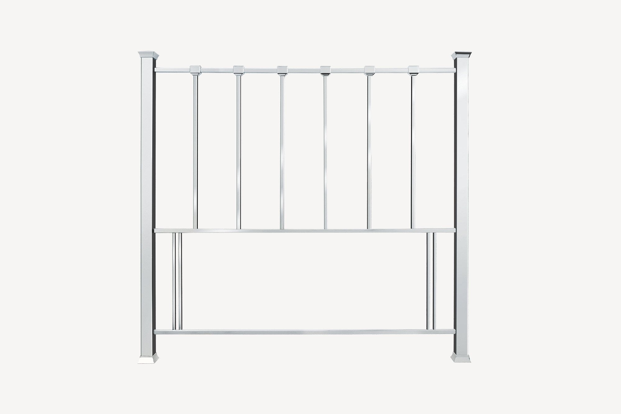 Shiny nickel headboard featuring strong horizontal lines and pyramid top finials