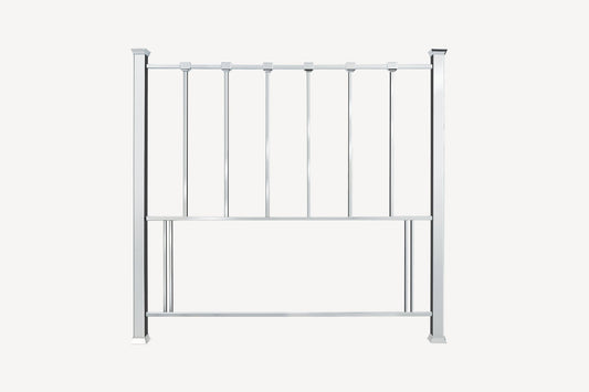 Shiny nickel headboard featuring strong horizontal lines and pyramid top finials