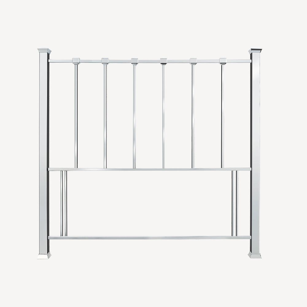 Shiny nickel headboard featuring strong horizontal lines and pyramid top finials