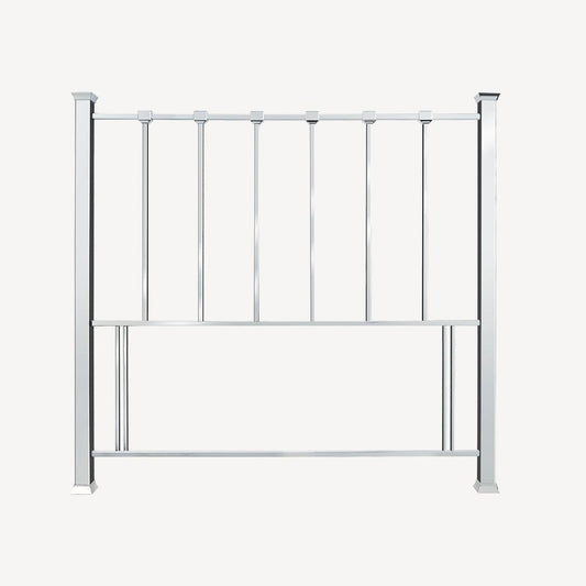 Shiny nickel headboard featuring strong horizontal lines and pyramid top finials