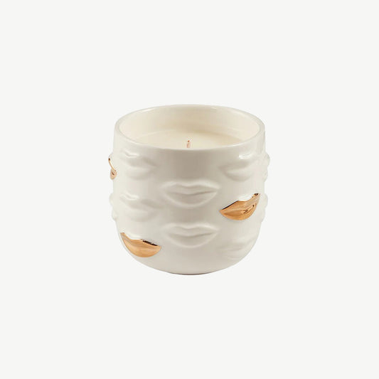 White porcelain candle holder with gold lip accents and glossy finish
