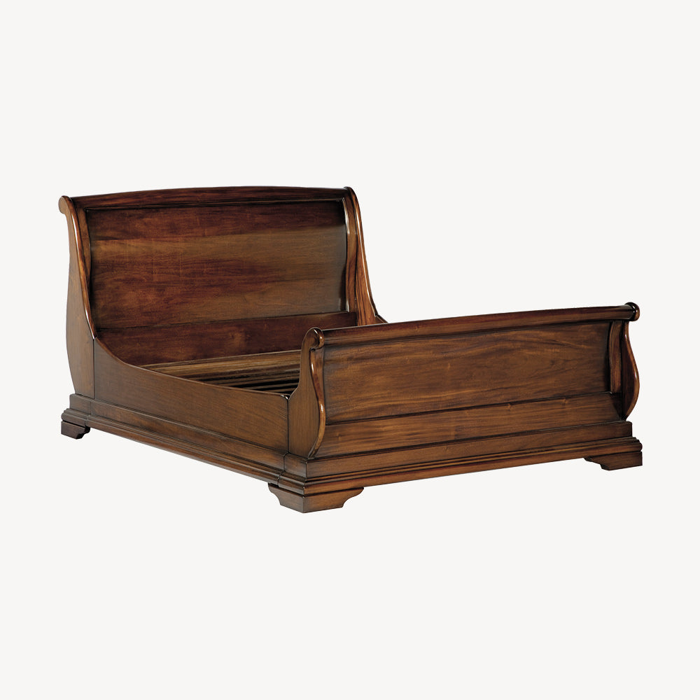 French inspired wooden bedframe with high footboard in glossy varnished dark brown finish