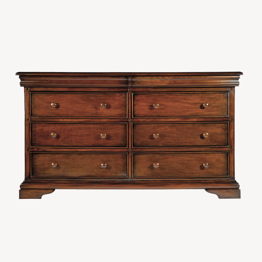 French inspired wooden 8 drawer wide chest in glossy varnished dark brown finish
