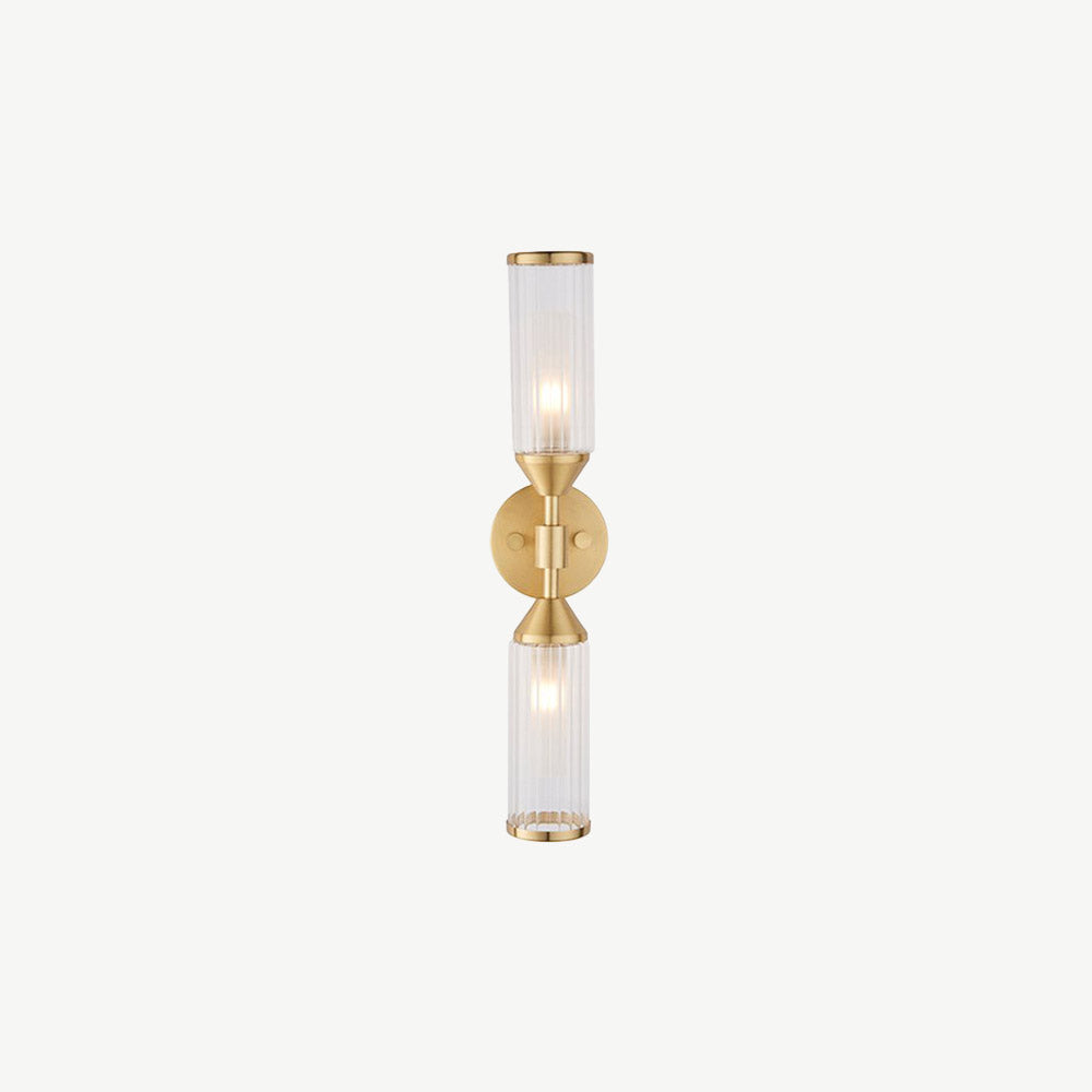 Double wall light in brushed brass finish clear ribbed glass shade