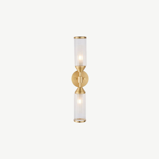 Double wall light in brushed brass finish clear ribbed glass shade
