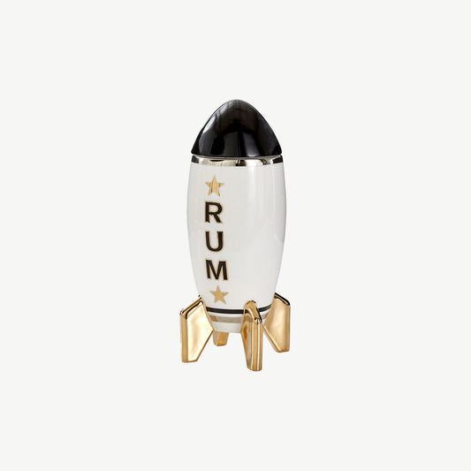 White porcelain rum rocket decanter embellished with soviet era inspired typography