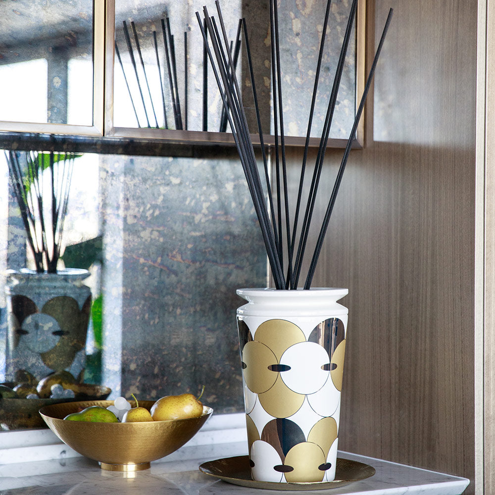 Handcrafted porcelain diffuser in gold and white circle print