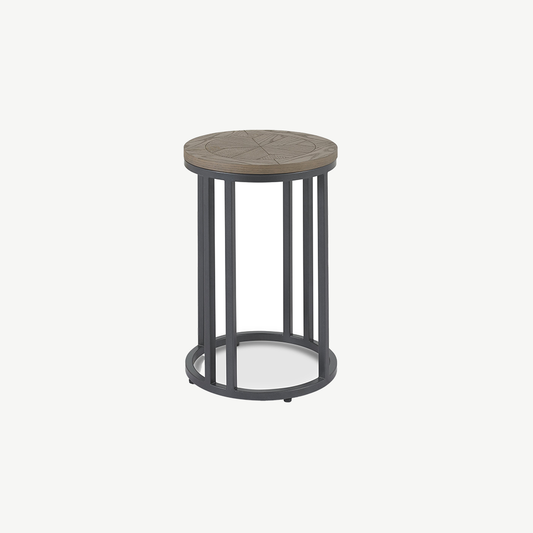 Brown ash veneer side table with marquetry top and black powder coated metal base