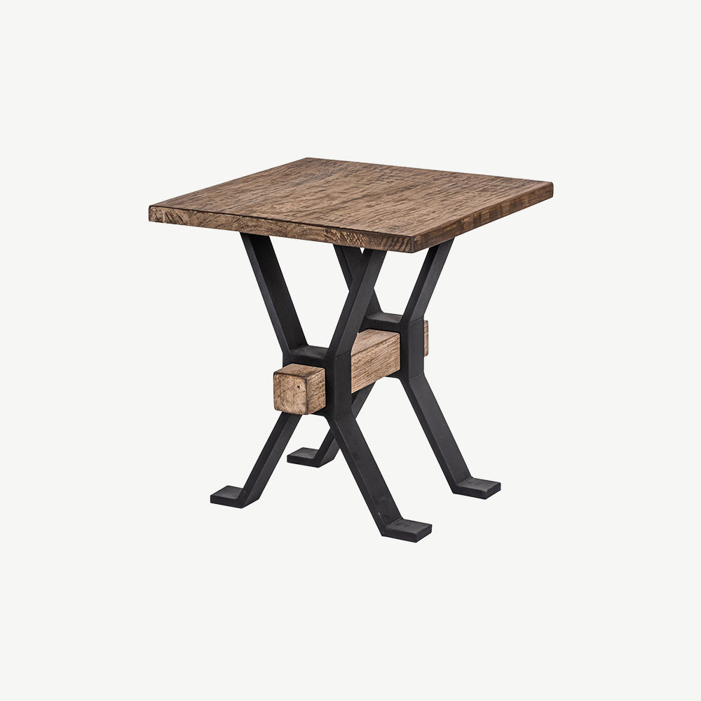 Pine wood side table in wax finish with black iron support
