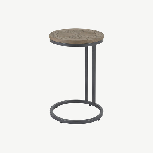 Brown ash veneer sofa table with marquetry top and black powder coated metal base
