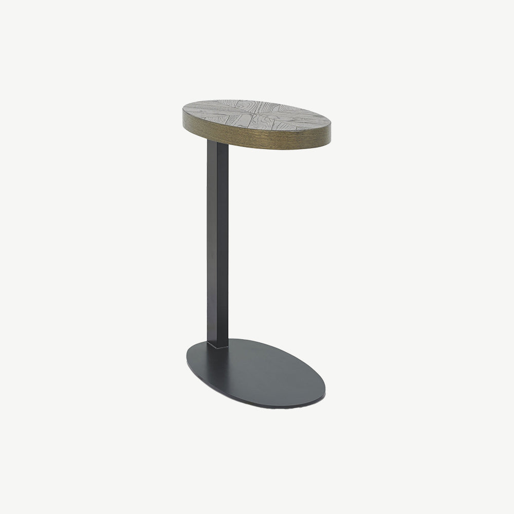 Solid oak sofa table with fumed oak marquetry tops & black powder coated metal base