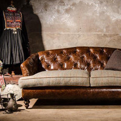Tetrad Harris Tweed Dalmore Midi Sofa in Galveston-Bark-Leather-and-Bracken-Herringbone