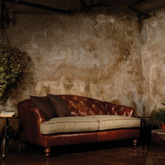 Tetrad Harris Tweed Dalmore Midi Sofa in Galveston-Bark-Leather-and-Bracken-Herringbone