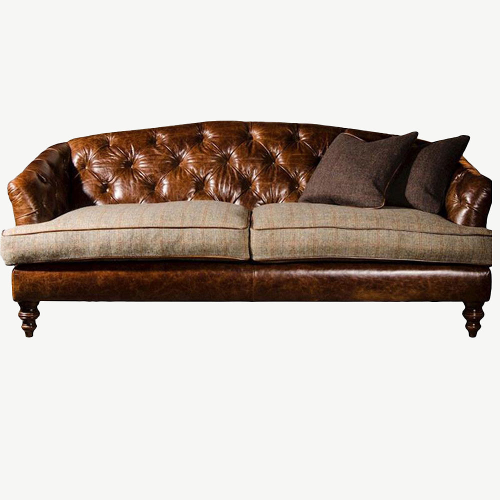 Tetrad Harris Tweed Dalmore Petit Sofa in Galveston-Bark-Leather-and-Bracken-Herringbone