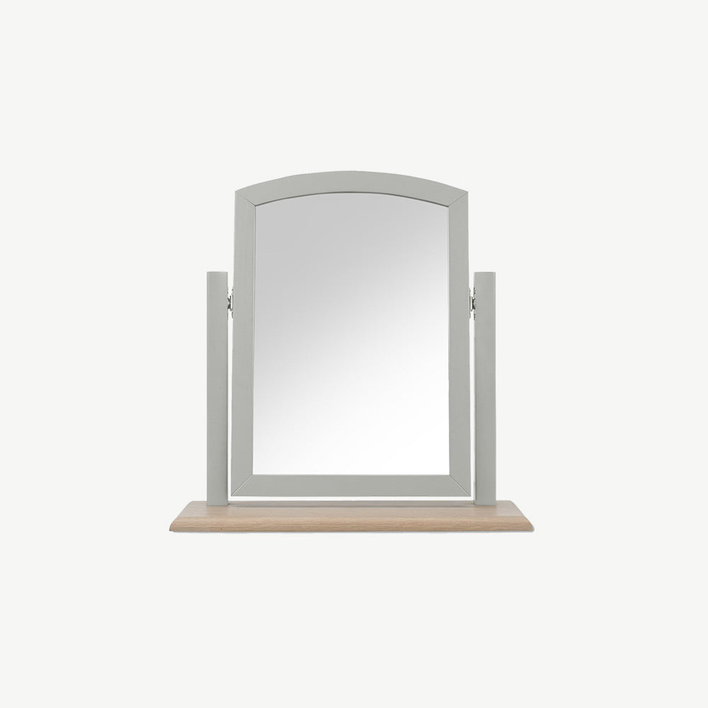 Pale oak vanity mirror in light grey finish with natural oak base