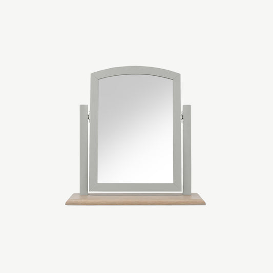 Pale oak vanity mirror in light grey finish with natural oak base