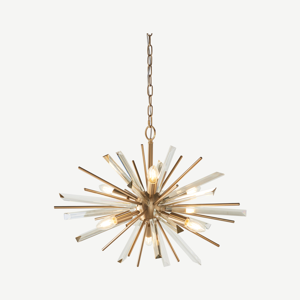 Brass pendant with champagne triangular prism glass and decorative rods