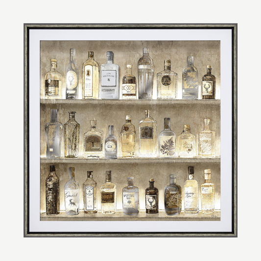 Artwork featuring exotic varietes of gin displayed on shelves in black frame